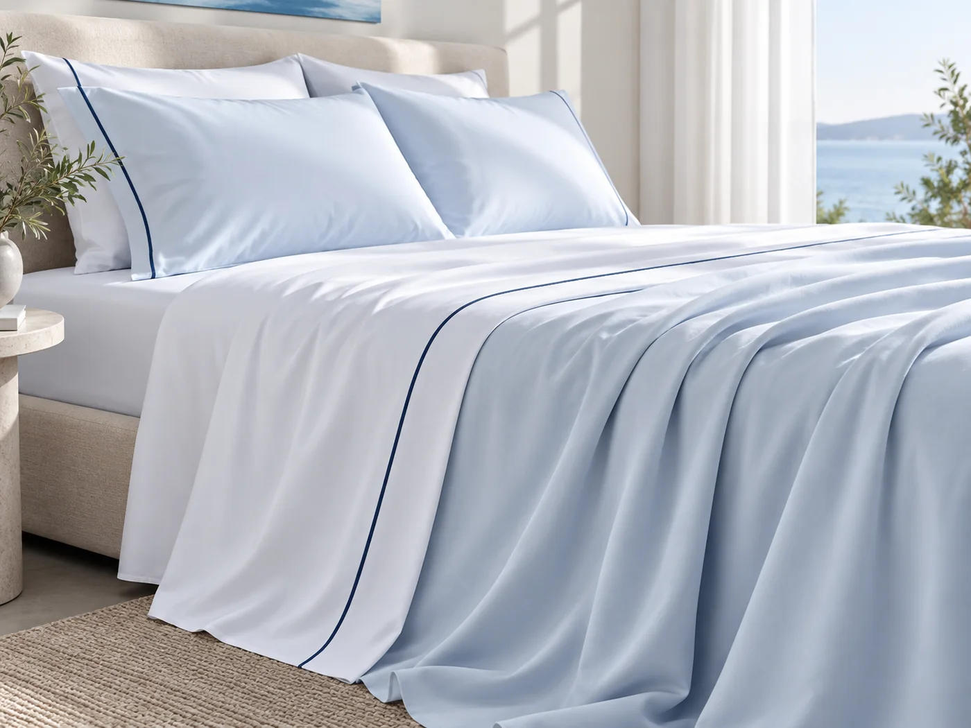 Fresh white and pale blue bedsheets with blue piping