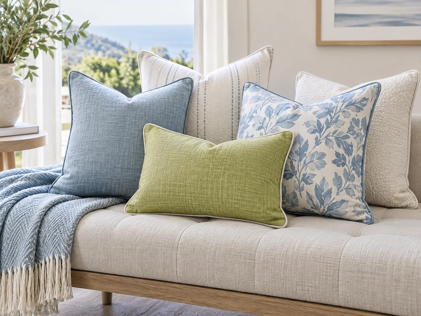 Blue, white and green decorative cushions