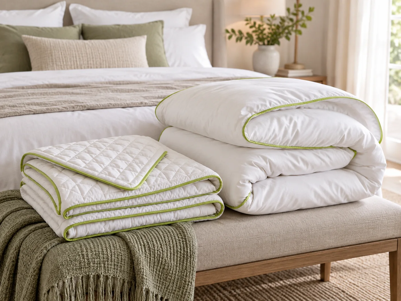 Folded white quilt and duvet with green piping