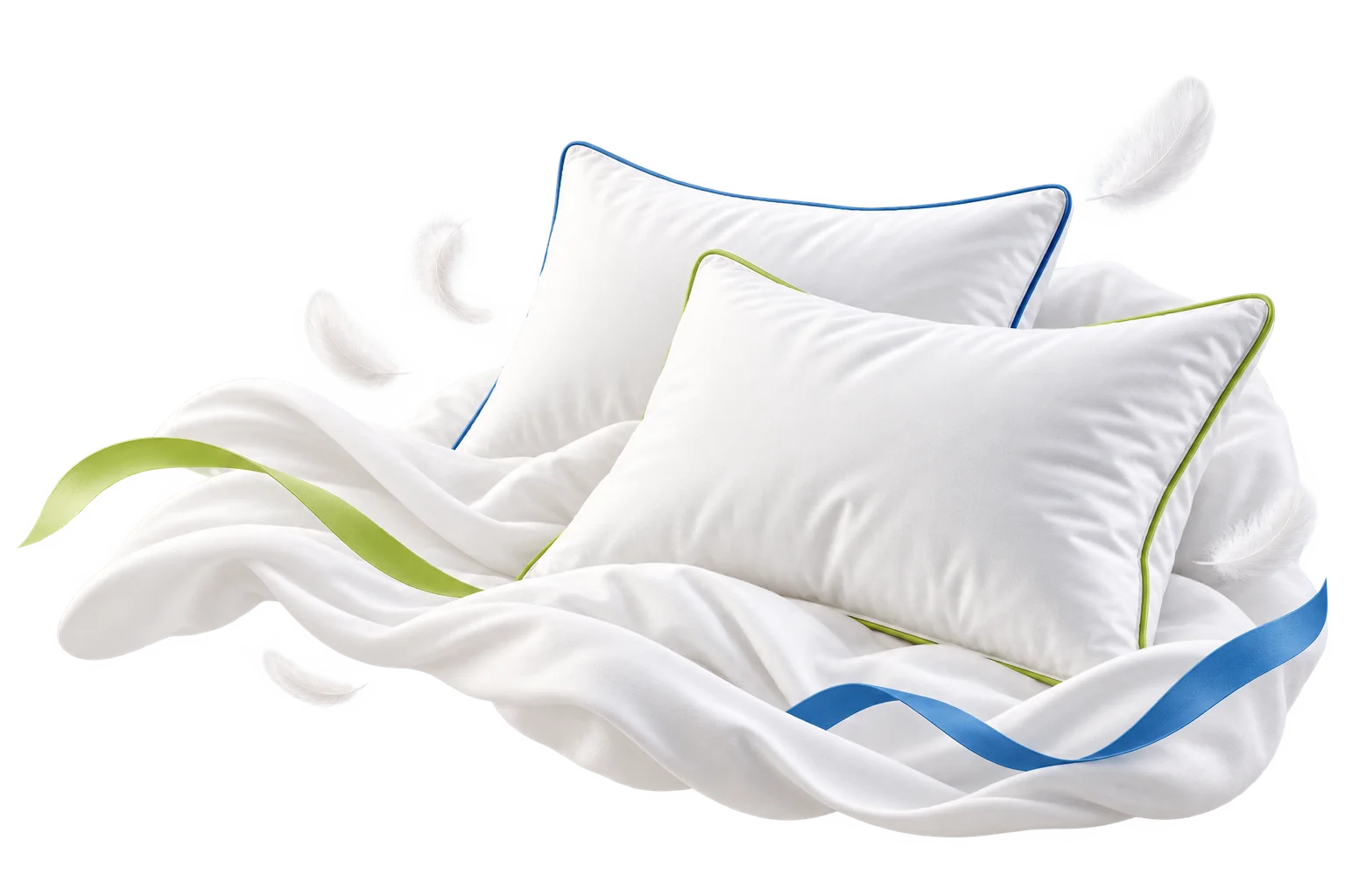 Dreamzy white pillows with blue and green accents on flowing bedding