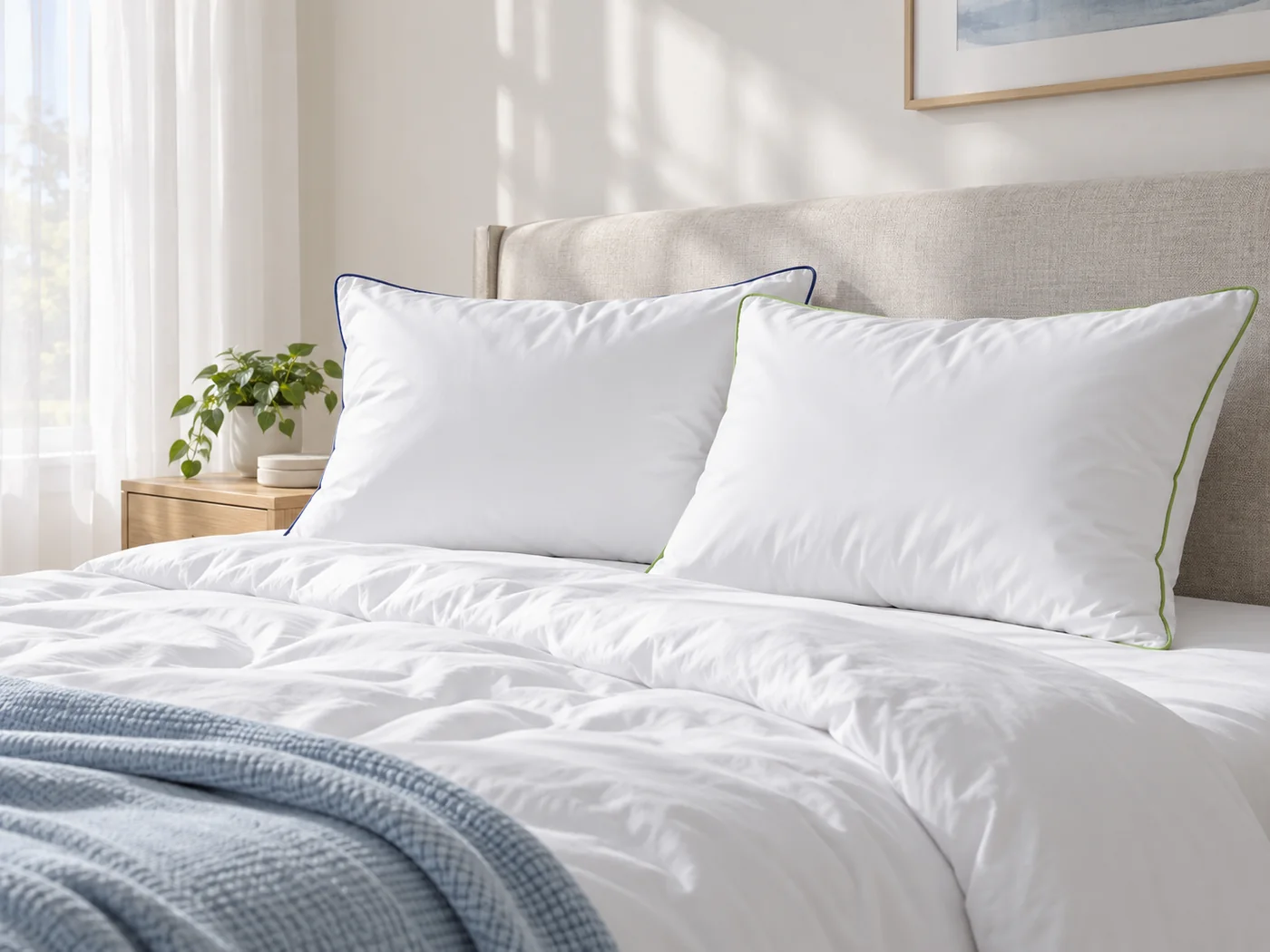 Dreamzy white pillows with blue and green piping in a bright, peaceful bedroom